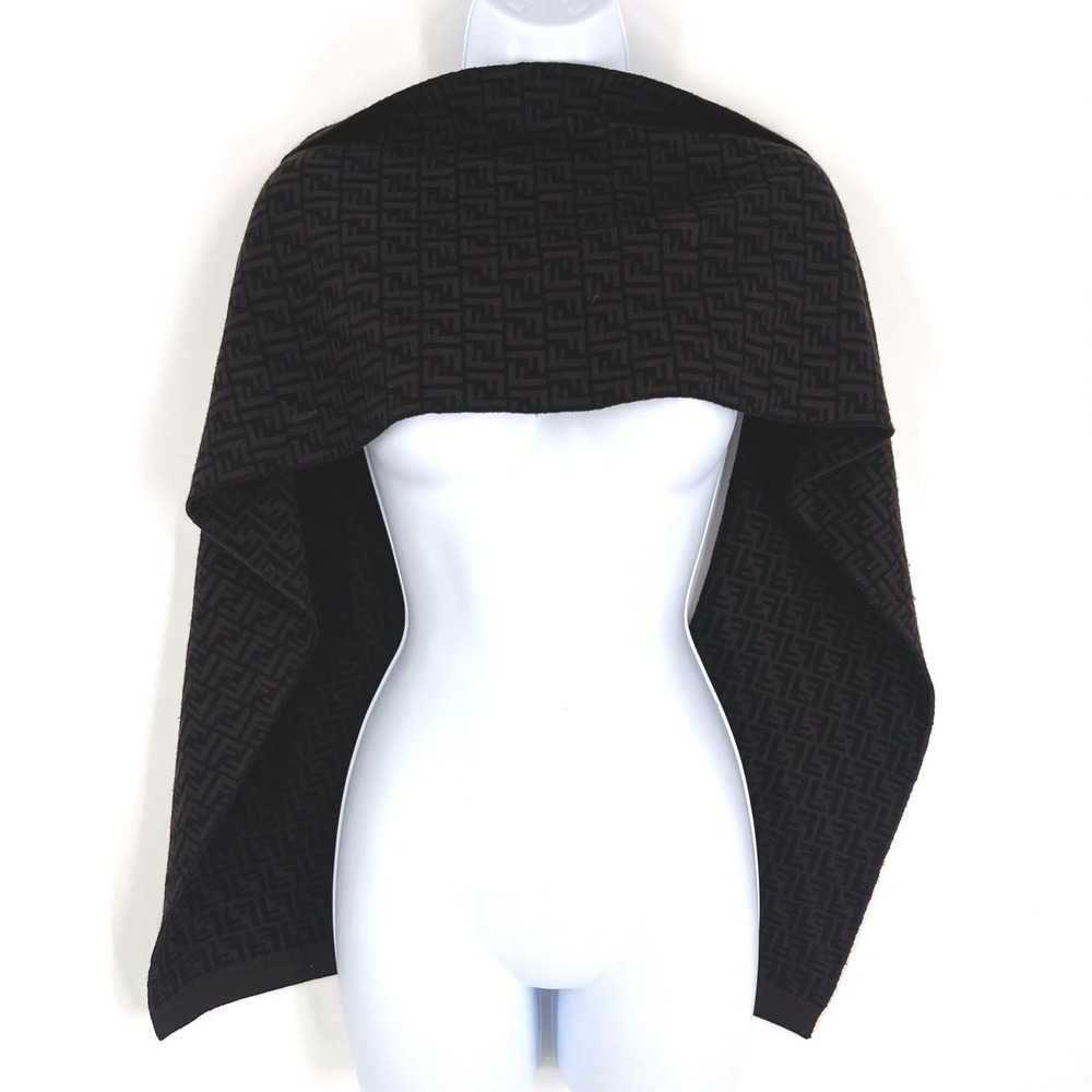 Fendi Zucca Monogram Scarf Brown Black 100% Wool Made in Italy‎ FF Logo - Picture 3 of 13